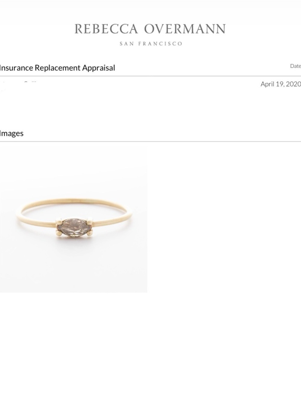 Rebecca Overmann 14K Gold Ring with Gray Marque Diamond